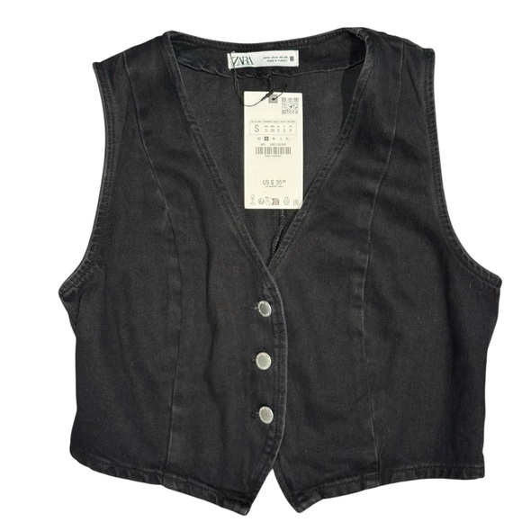 ZARA Cropped Black Denim Vest – Size S – New With Tags - Picture 4 of 4